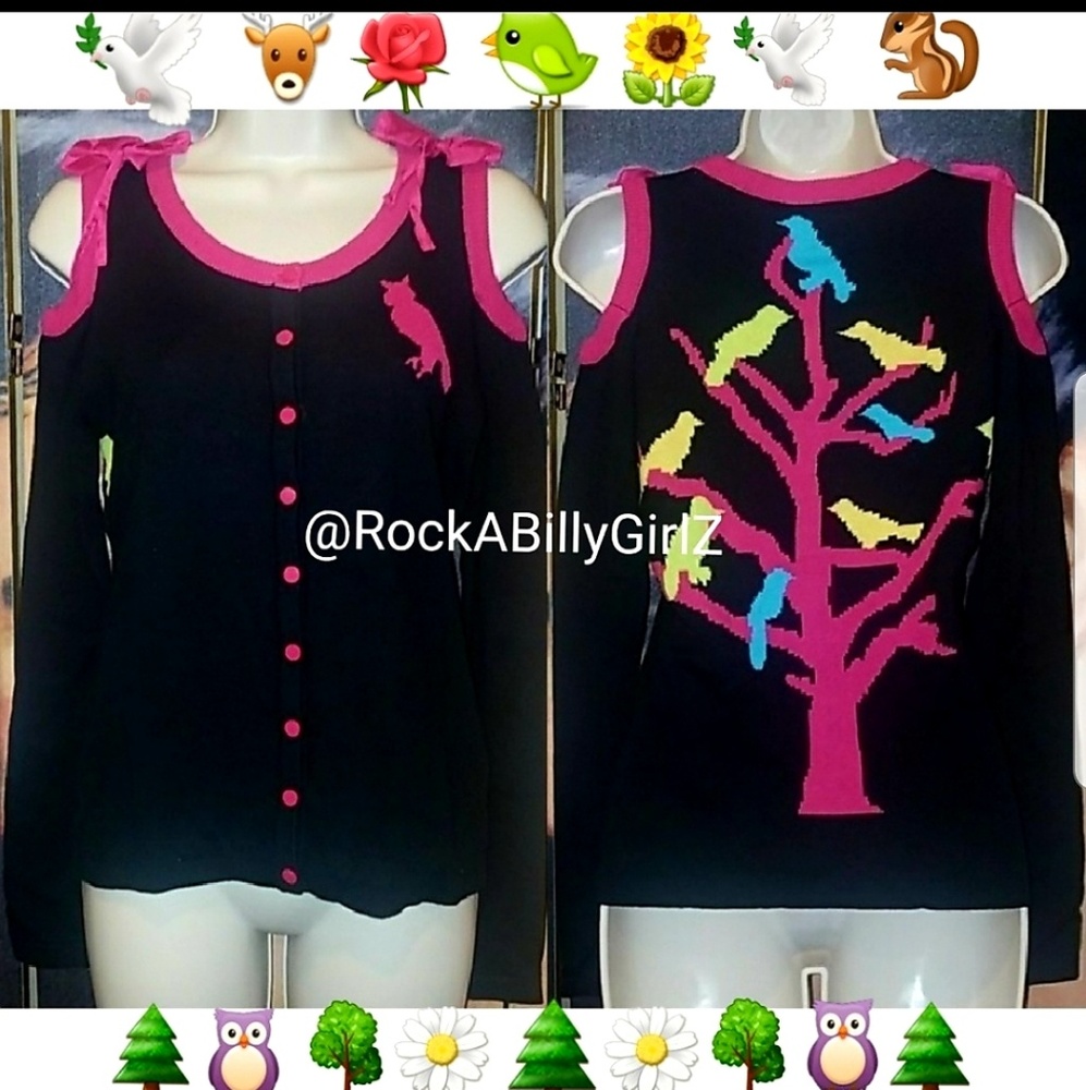 Too Fast Mythical Bird Tree Cardigan Cold Shoulder Pink Bows Owl Long Sleeve